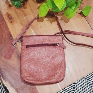 Floral BUENO Leather Redrose Embossed Crossbody Bag